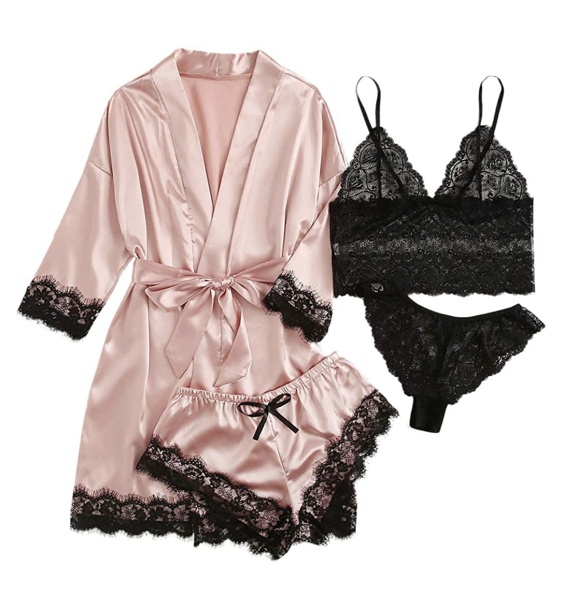 New Ladies 4-Piece Set Lace Satin Nightgown with Robe Summer Sleepwear V-Neck Thin Material Comfortable Women's Home Clothes