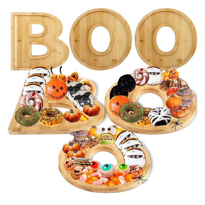 Wooden cooked food letter tray BOO decorative cheese plate, party snack cake cookie Halloween pumpkin ornament