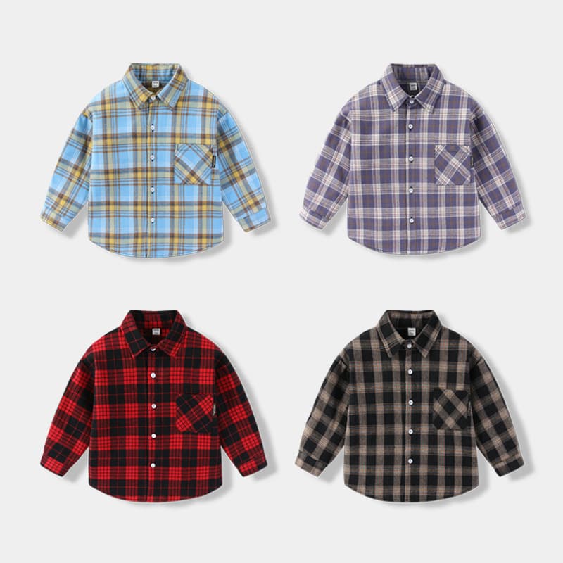 Boys' long-sleeved cotton plaid brushed shirt, skin-friendly and versatile Korean style, stylish new look.