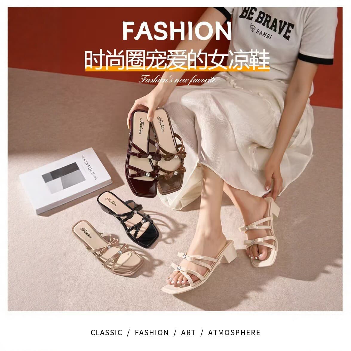 2025 New Square Toe Chunky Heel Sandals for Women Summer Fashion Versatile Bow Crystal Decoration Outdoor Shoes