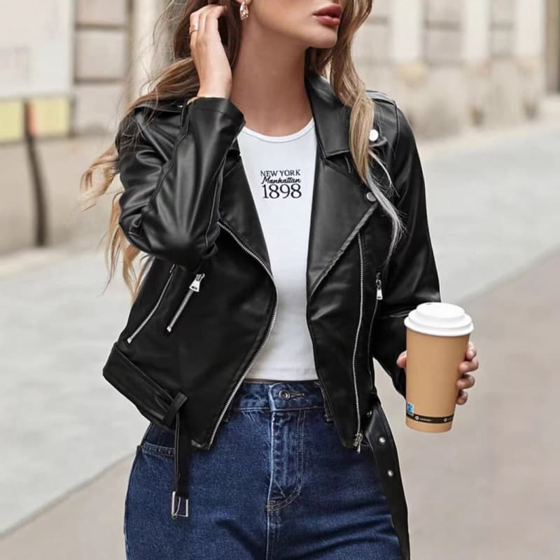 New cross-border style women's short Korean style slim fit black PU jacket motorcycle leather coat faux leather