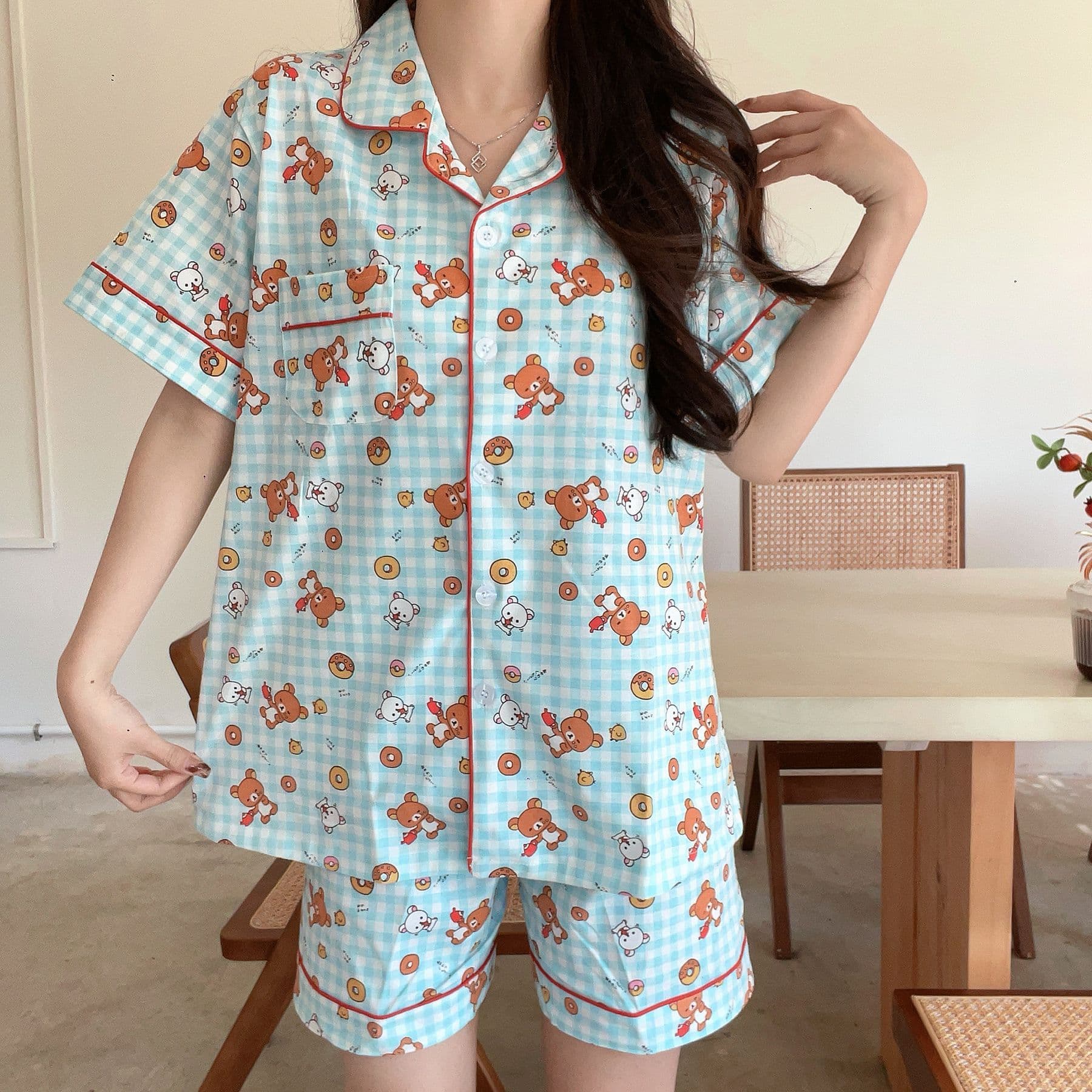 Summer Pure Cotton Bear Pajamas Women's Short Sleeve Short Pants Cartoon Plaid Home Clothes Comfortable Breathable Sleepwear