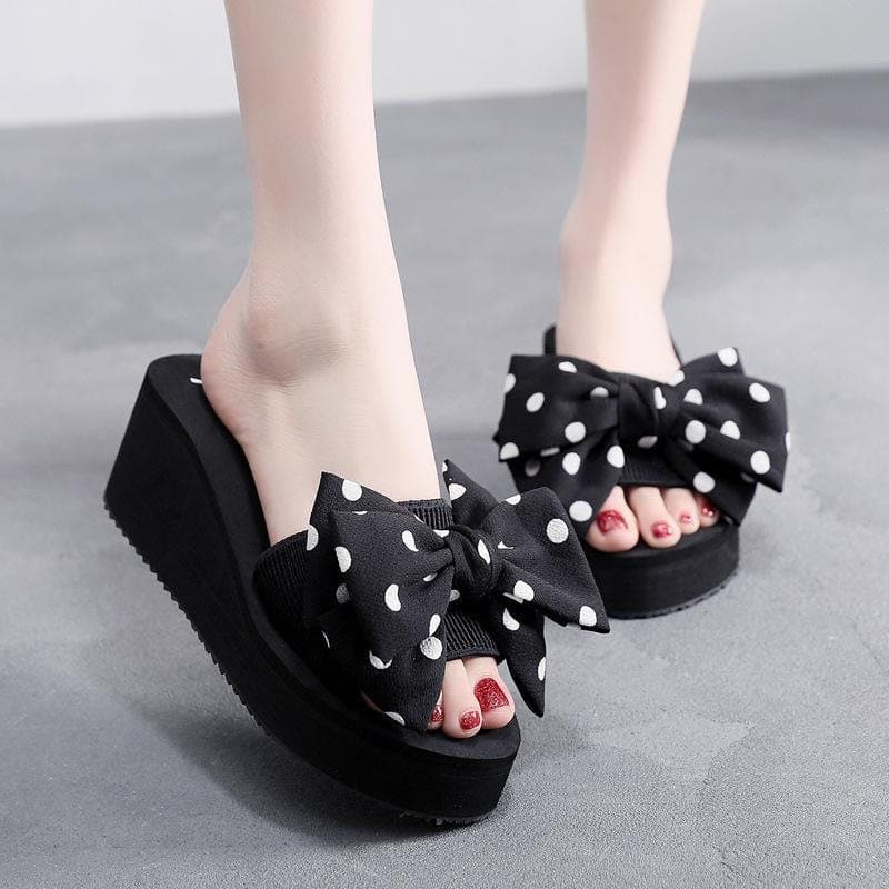 Korean Style Summer Sandals for Women, High-Heeled Flip-Flops with Bow, Non-Slip Wedge Heels, Platform Thick-Soled Beach Shoes for Women