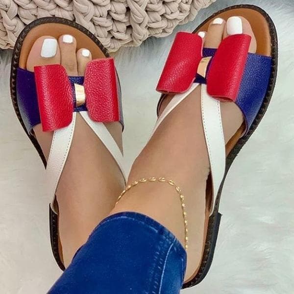 2021 Spring/Summer New Flat Color-Block Bow Women's Sandals Slippers Export Large Size Women's Shoes Yellow Red Adult