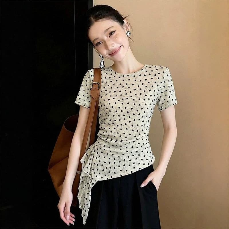 Shanlida Irregular Design Round Neck Heart Short Sleeve T-Shirt for Women, New Summer Korean Style Slim Fit Double Layer