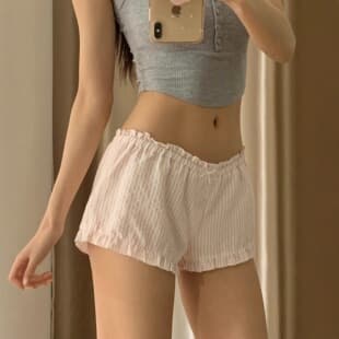 Hot Girl Youthful BM Plaid Ruffle Straight-Leg Shorts Women's Summer Button Bow Low-Rise Hot Pants