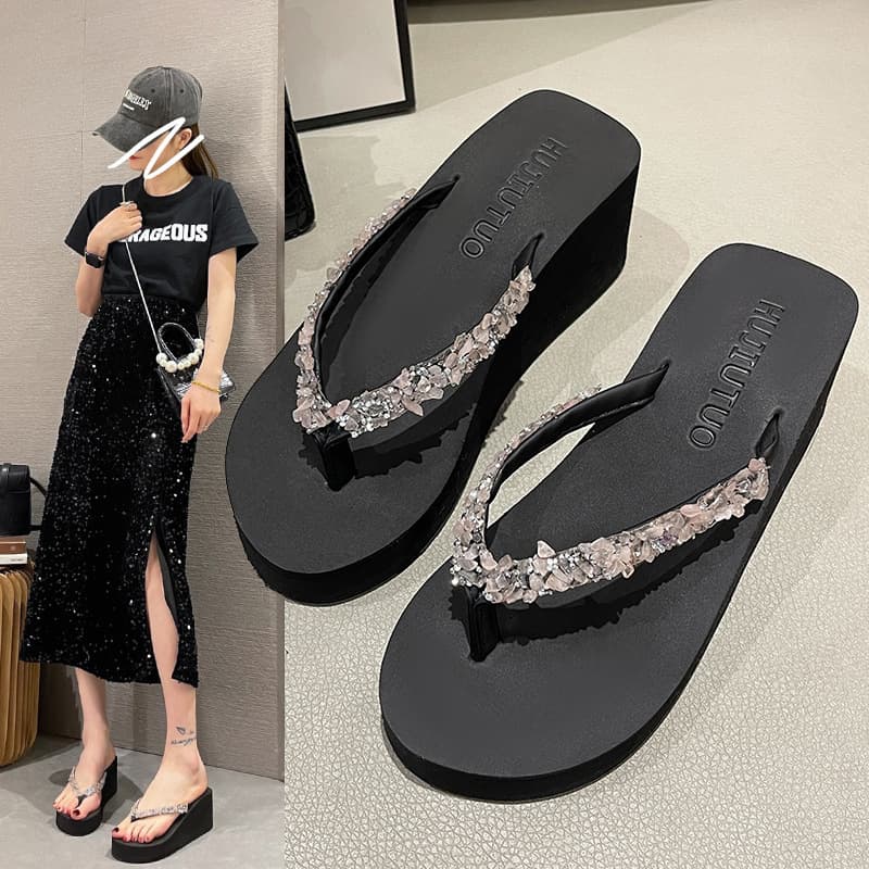 Women's Flip Flops with Rhinestones, High Heel, Simple and Casual Summer, Non-Slip Thick Sole, Toe Separator, Flat Beach Sandals 2025
