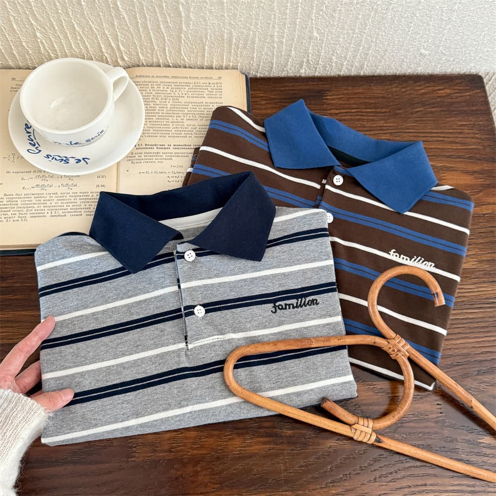 2025 Autumn New Korean Style Children's Polo Shirt with Lapel Stripes, Color Blocking, Versatile Letter Print, Long Sleeve