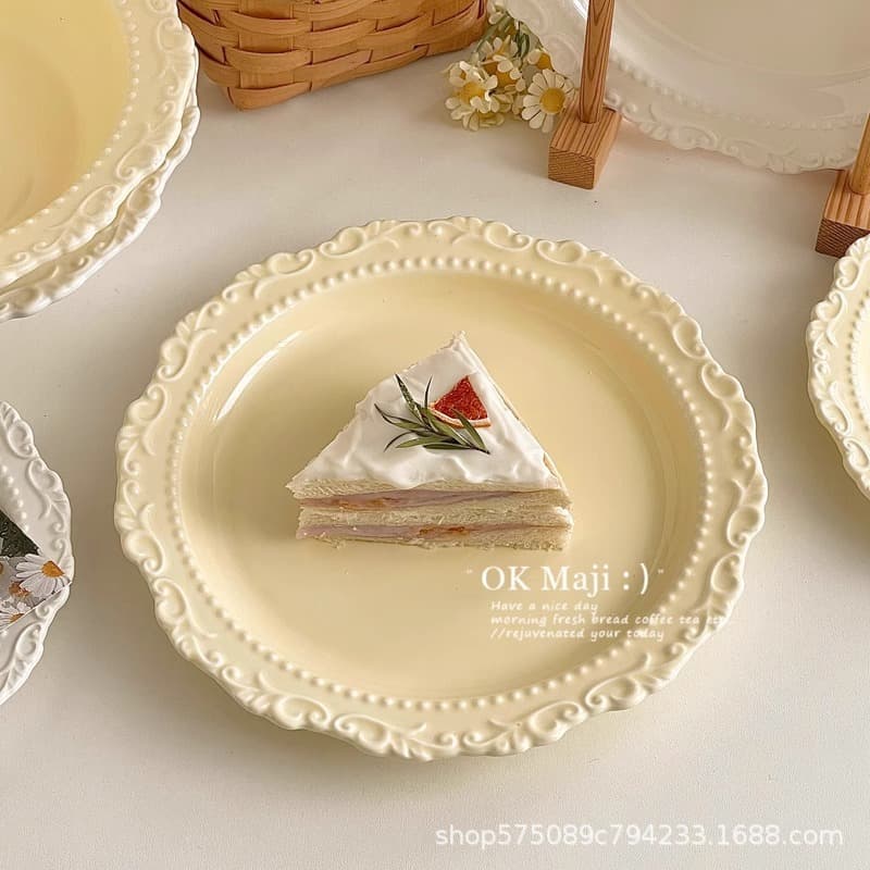 French Vintage Straw Hat Plate Premium Light Luxury Dinner Plate Home Ceramic Dish Cream Style Cake Dessert Plate