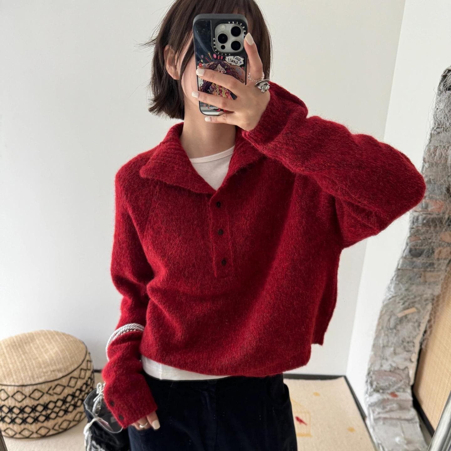 Cor25 autumn/winter new alpaca wool solid color baby half-placket pullover long sleeve warm soft red women's sweater