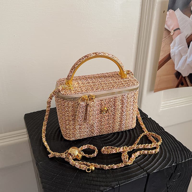 Summer Straw Woven Bag Fashion Box Small Square Bag Shoulder Crossbody Chain Bag Bohemian Style Phone Bag Cross-border Trendy