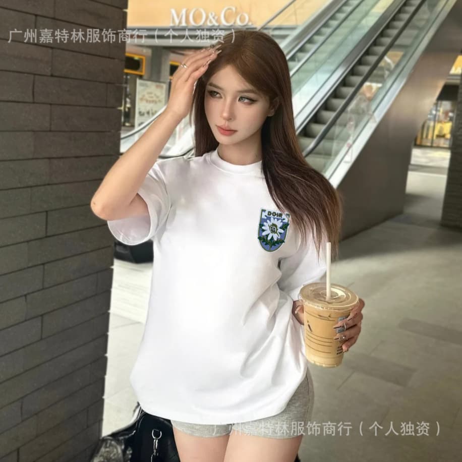 Authentic Cd Brand New Style Chest Embroidery Pure Cotton Short-Sleeve Loose Trendy Brand Unisex Couple Style Di Brand Short-Sleeve T-Shirt