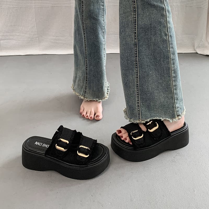 Denim Slippers Rubber 2026 New Chunky Platform Shoes Fashion for Dresses In Stock Fabric Open-Toe Sandals