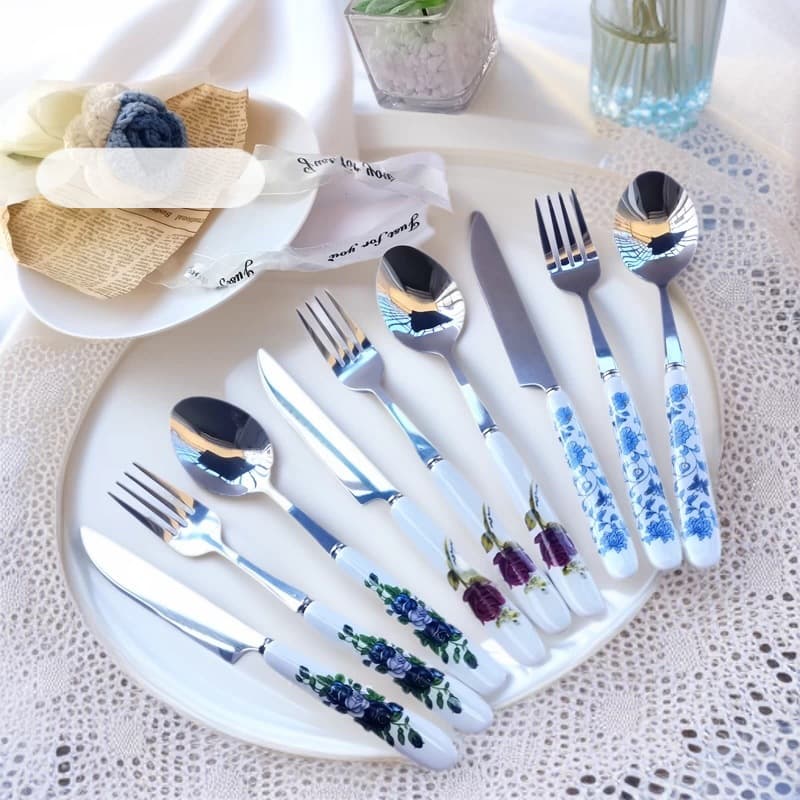 Ceramic flower handle knife, fork and spoon Chinese style blue and white porcelain three-piece set fork spoon steak knife stainless steel tableware