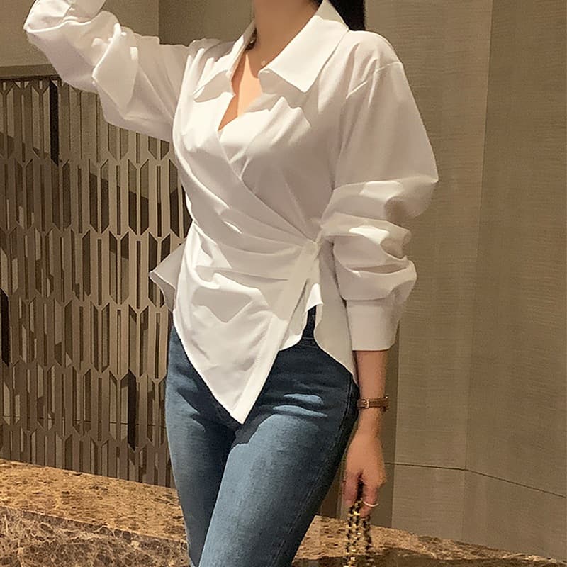 chic Korean style irregular chic shirt top white blue off-shoulder domestic first- and second-tier brands high elasticity