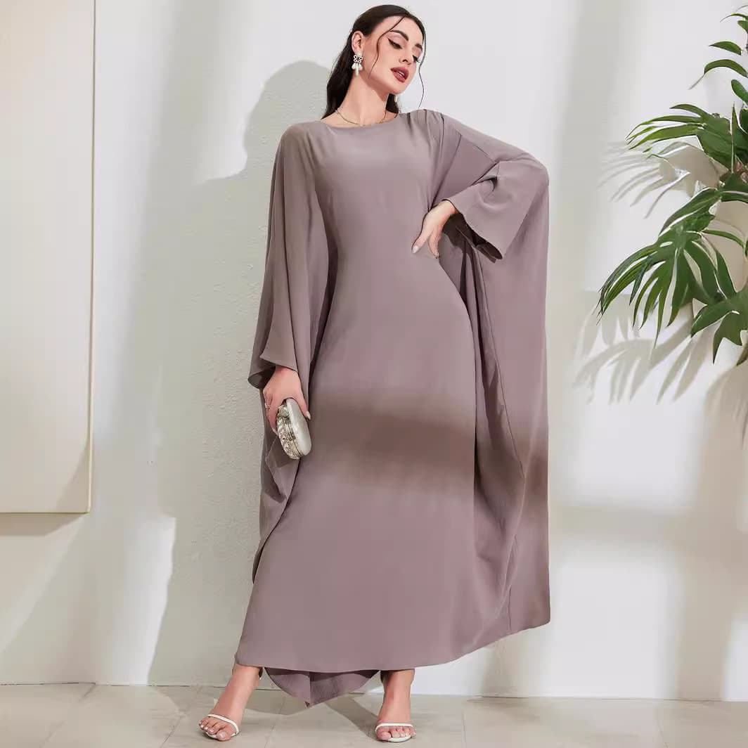 New Cross-Border Long Robe Dress with Tie Belt, Batwing Sleeves, Round Neck, Fashionable and Elegant