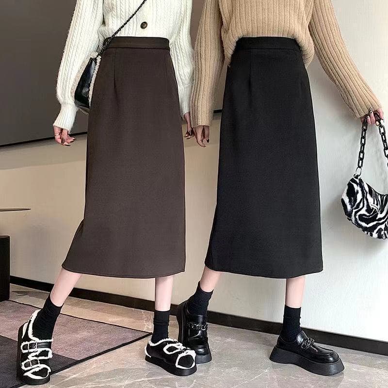 Slit Black Skirt 2025 New Autumn/Winter Back Elastic Waist Mid-length Skirt Bodycon High Waist A-line Skirt One-step Skirt