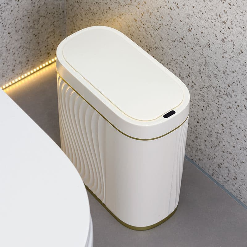 High-end smart trash can with infrared sensor, designed for bathroom and toilet use, with lid, and suitable for living room use.