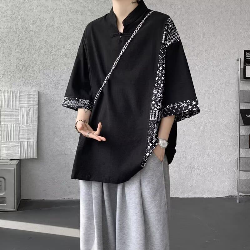 Designed cashew flower splicing v-neck short-sleeved top t-shirt for men in summer new Chinese style national style buckle loose five-quarter sleeves