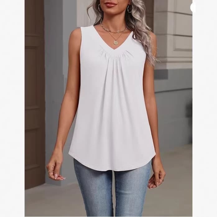 2026 Cross-border Amazon Women's Vest Summer Sleeveless Loose Top V-Neck Pleated Shirt Basic T-Shirt