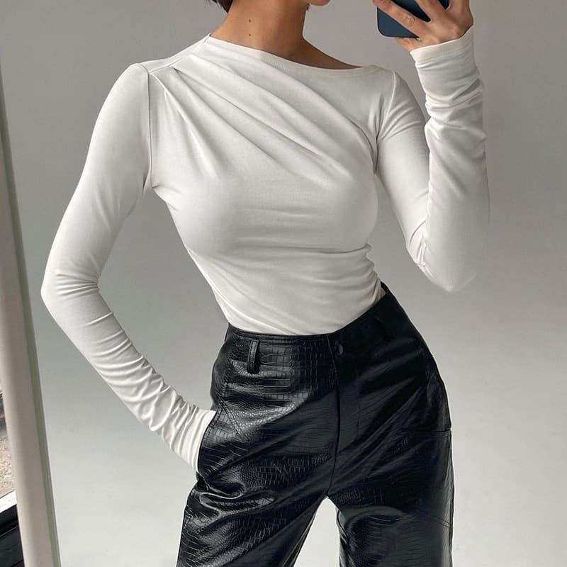 Fall/Winter Solid Color Versatile Crew Neck Ruffled Long-Sleeve Base Tee, European & American Ins Niche Design Slim-Fit Inner Layer T-Shirt