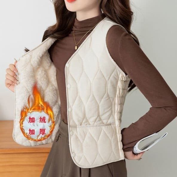 Women's Short Base Vest for Autumn and Winter, Fleece-Lined, Thickened, Fashionable, Warm, Slim-Fit Inner Vest, Down Cotton Waistcoat for Women