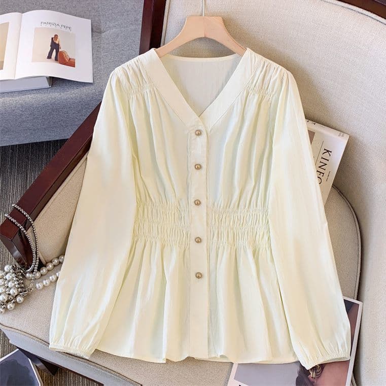 Elastic Waist Long-Sleeve Shirt for Women Fall New Fashion Pleated Blouse Plus Size Top for Curvy Figures