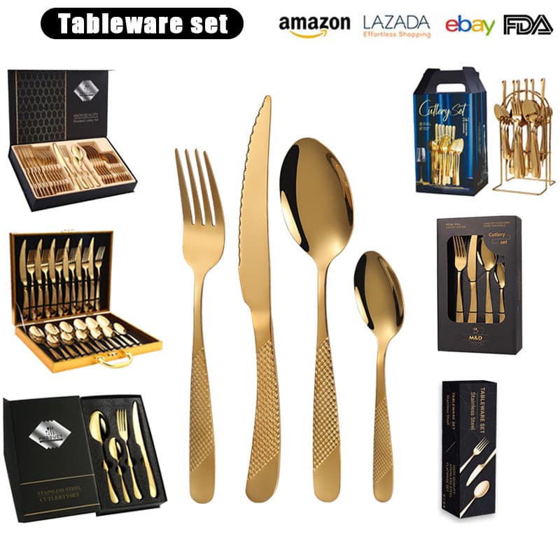 Stainless Steel 24-Piece Dining Set Gold Plated Steak Knife Fork Spoon Tea Spoon Modern Simple Style Silver Gold Black Colors