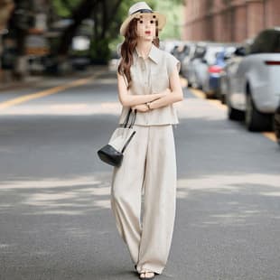 Petite Summer Commuter Set New Short Shirt Long Pants Casual Fashion Breathable Solid Color Age-Reducing Set Women