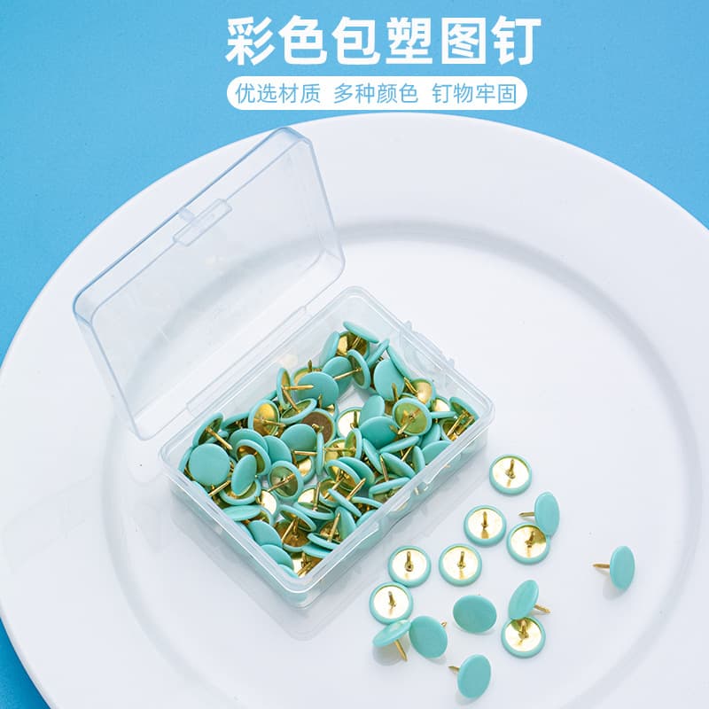 Factory Direct Color Plastic-Coated Push Pins 100pcs Boxed Flat-Head Tacks for Office Cork Board Photo Wall