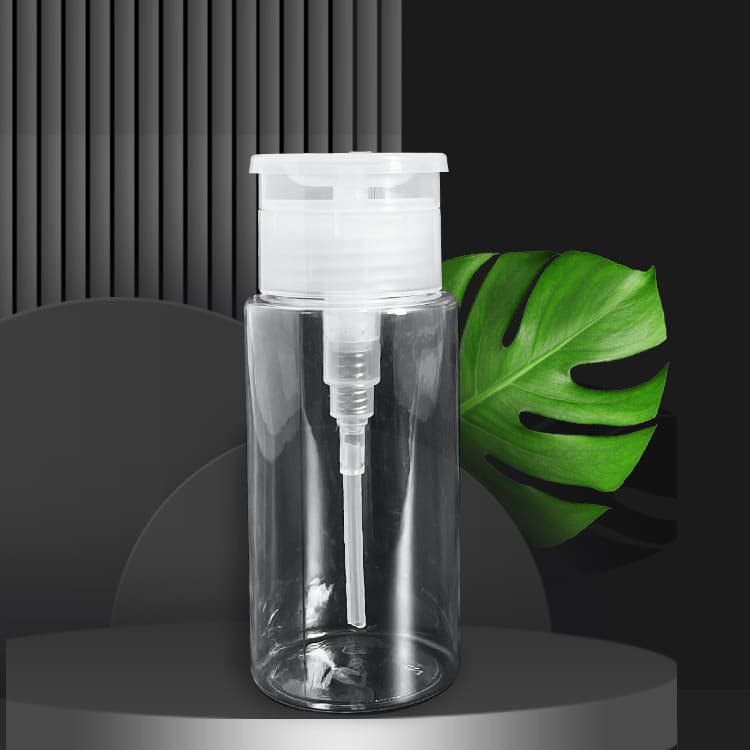 Custom-made 120/150/200ml PET plastic pump bottles for nail polish remover and makeup remover.