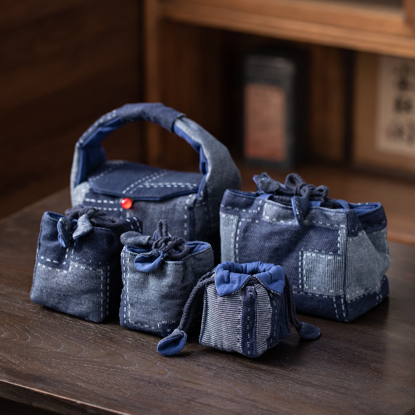 Denim Blue Storage Cloth Bag Series Fabric Single Cup Quick One Pot Two Cup Free Small Set Portable Travel Cloth Bag