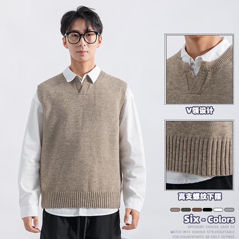 Slit vest sweater men's 2024 new style autumn and winter shirt inner wear trendy brand sleeveless waistcoat knitwear