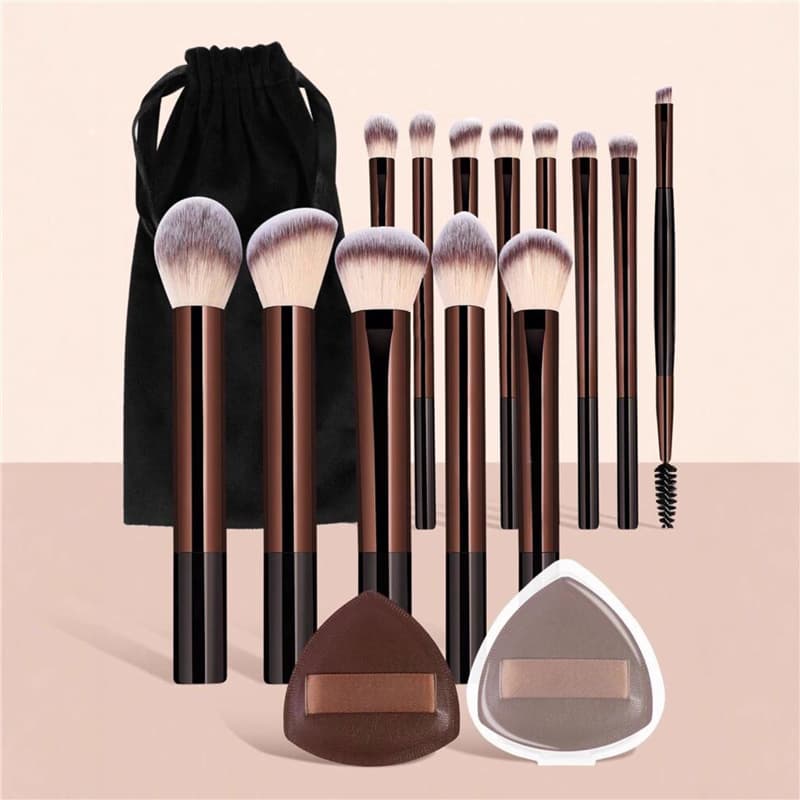 New Cross-Border 13-Piece Brown Aluminum Tube Makeup Brush Set with Cotton Candy Puff + Cloth Bag + 2 Brown Triangles