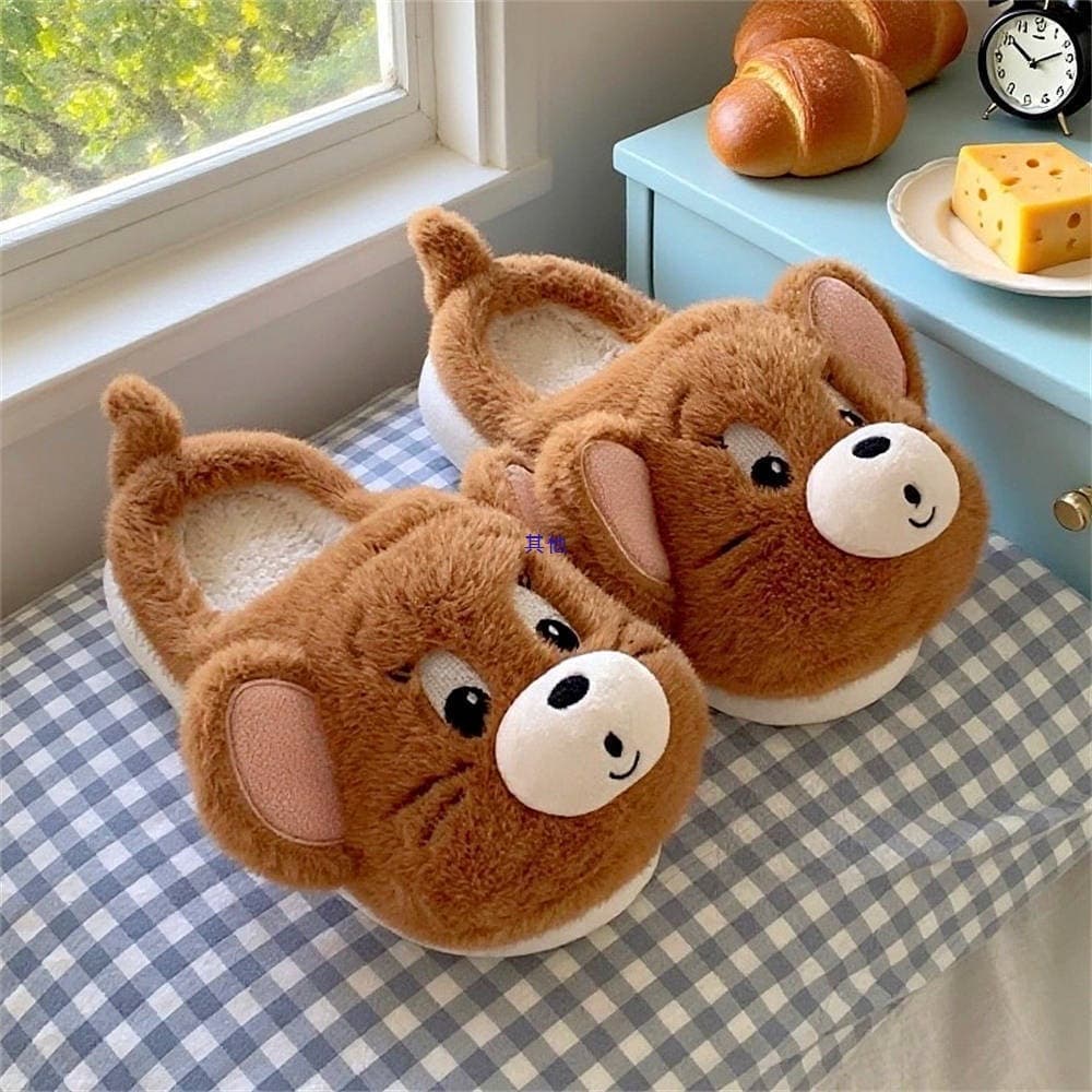 Thin stripes, authentic Tom and Jerry couple cotton slippers, cute winter Tom and Jerry unisex non-slip furry shoes.