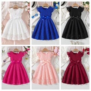 Cross-border trade spring/summer solid color lace round neck flutter sleeve zipper elegant sweet dress for girls aged 3-10