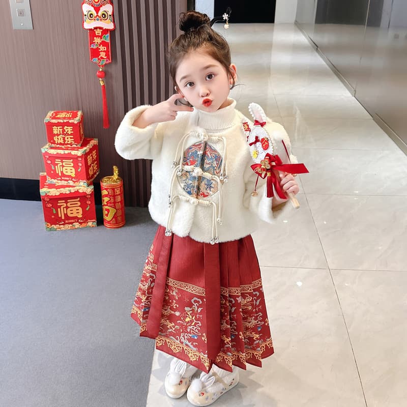 Girls horse face skirt suit 2023 winter long-sleeved children's Hanfu Chinese style Tang suit New Year's greetings clothing baby girl ancient costume
