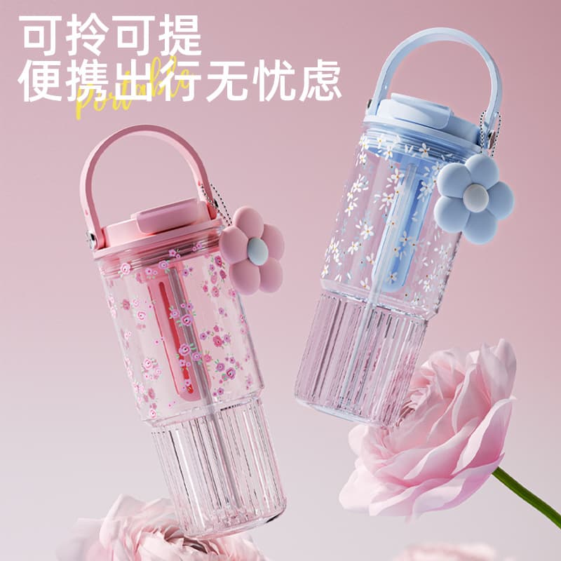 Trending Large-Capacity Plastic Water Cup Monet Garden Floral Pattern Cup for Women High-End Portable Car Cup with Straw