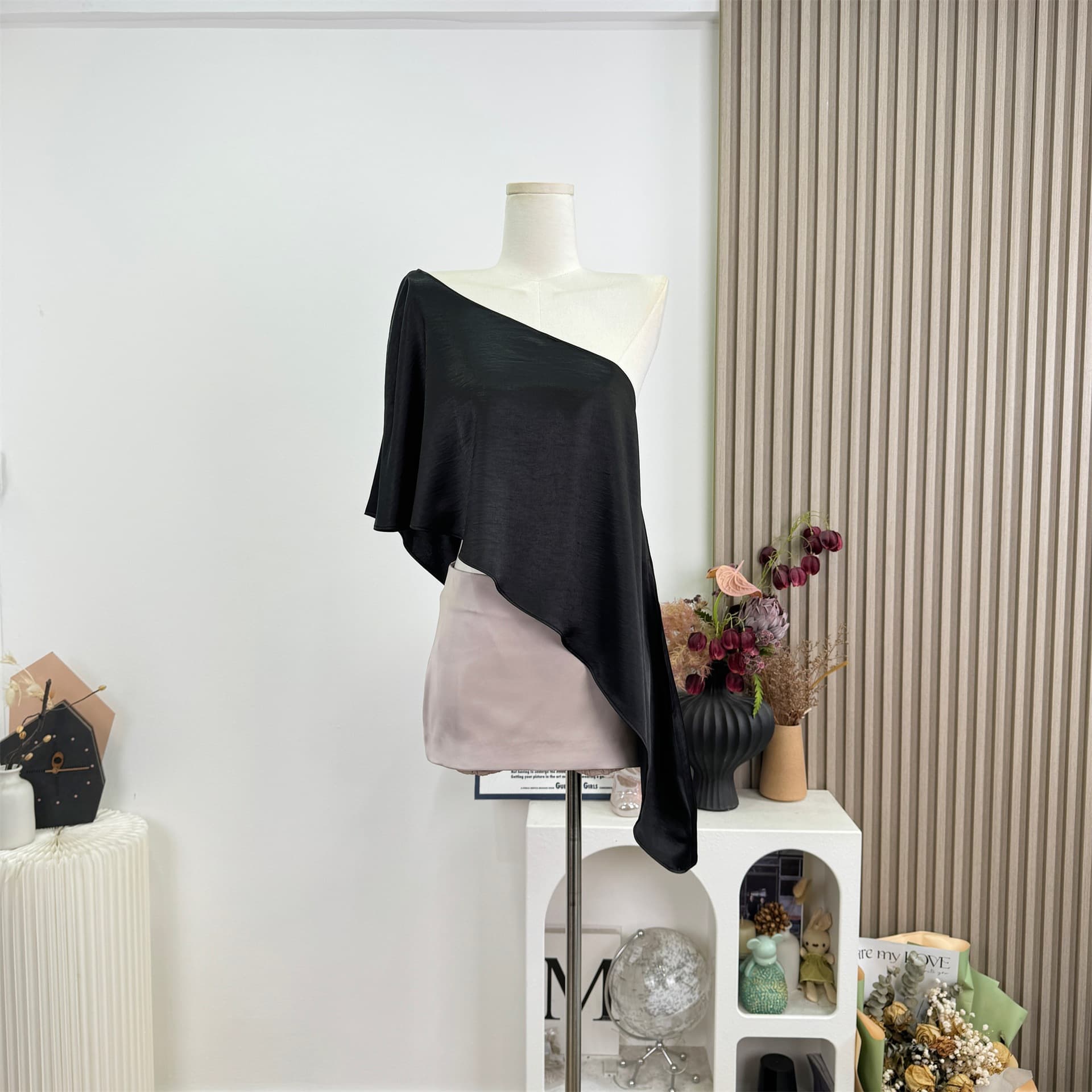 Satin Off-Shoulder Blouse and Cloud Gray Midi Skirt Set for Women