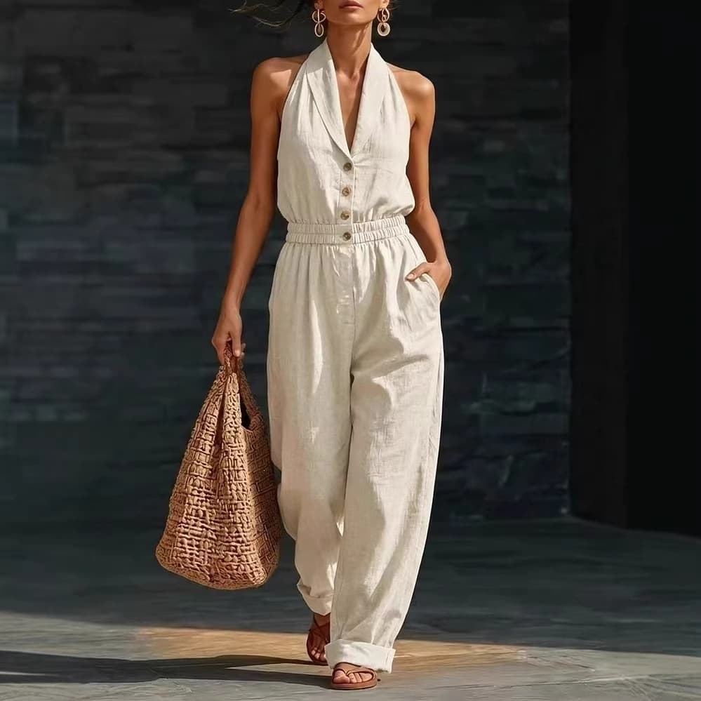 2026 Cross-border Europe and America Summer New Fashion Solid Color Slimming V-Neck Jumpsuit for Amazon and Independent Station