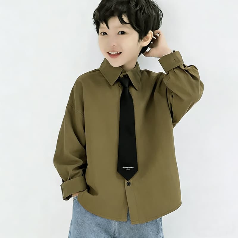 Children's 2026 new long-sleeved cotton olive brown shirt boys' spring and autumn shirts for middle and older children, comfortable, versatile and skin-friendly