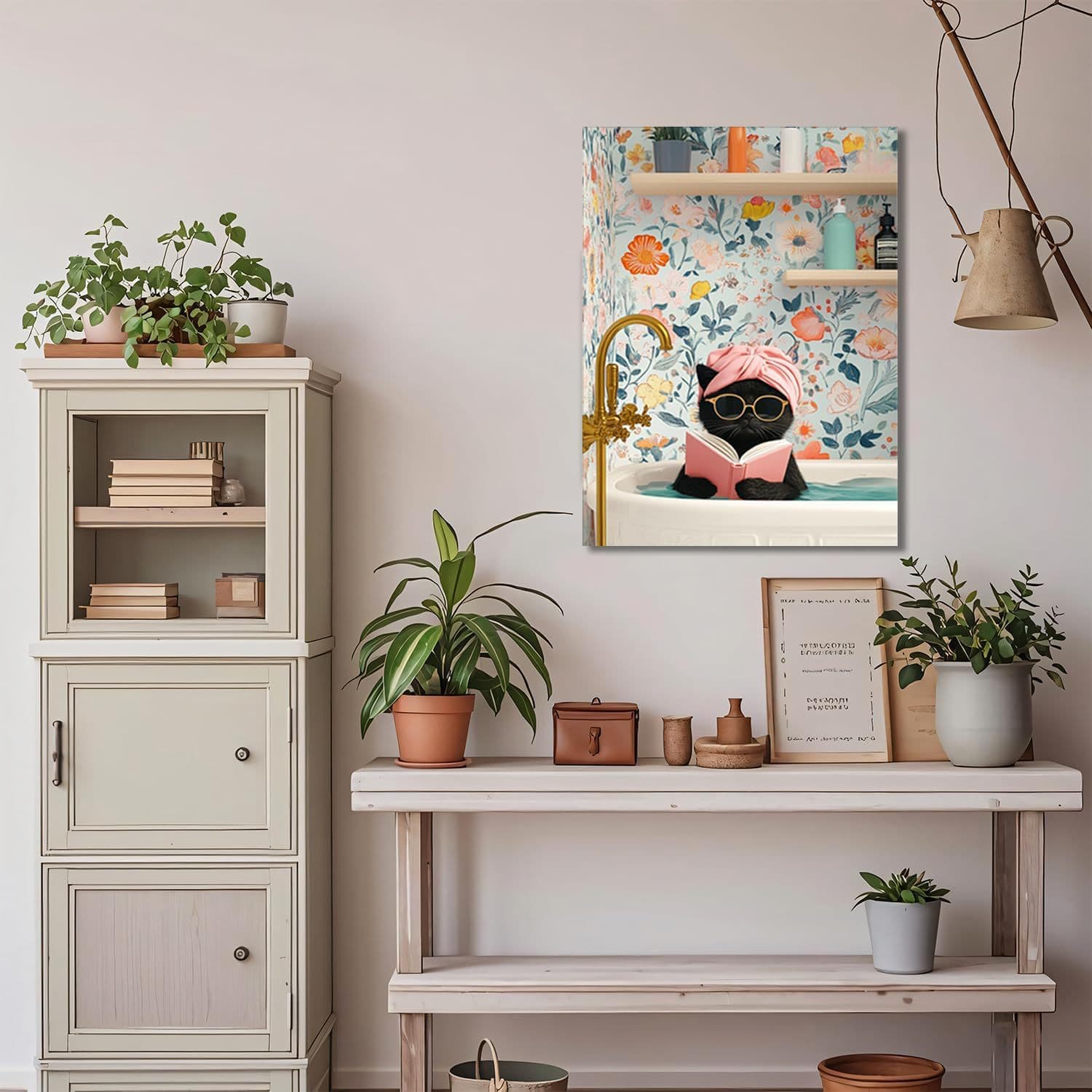 Funny Black Cat Bathroom Wall Art Animal Pattern Canvas Print Cute Cat Poster Wall Decor for Living Room