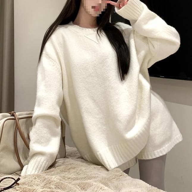 Plus Size Korean Style Set Loose Round Neck Long Sleeve Sweater Top for Women Autumn Winter Shorts Casual Mature Two-Piece Outfit
