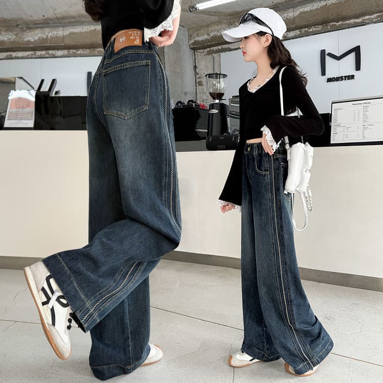 Spring/Fall New Girls' Jeans Wide Leg Pants Mid & Big Kids Korean Style Straight Loose Kids Long Pants Vintage