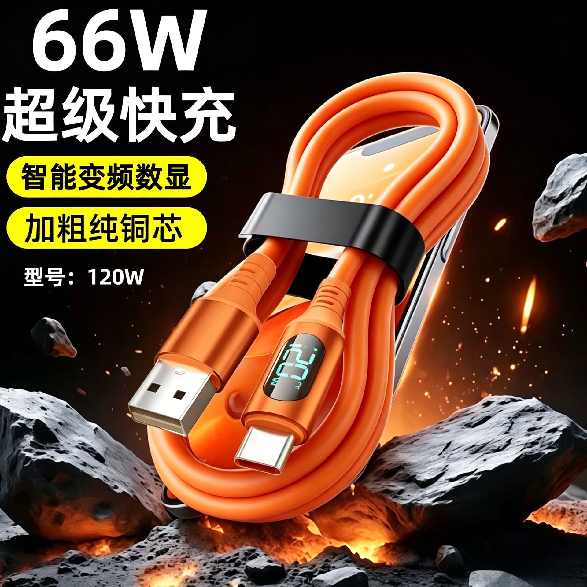 66W Smart Digital Display Data Cable Can Display Actual Power, Suitable for Huawei, Honor, iPhone 15, and Samsung Phones