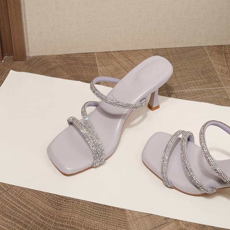 Fashionable Fairy Wind Diamond Slippers Women's Summer Outdoor Wear Square Head High Heel Sensation Sandals Comfortable Shoes