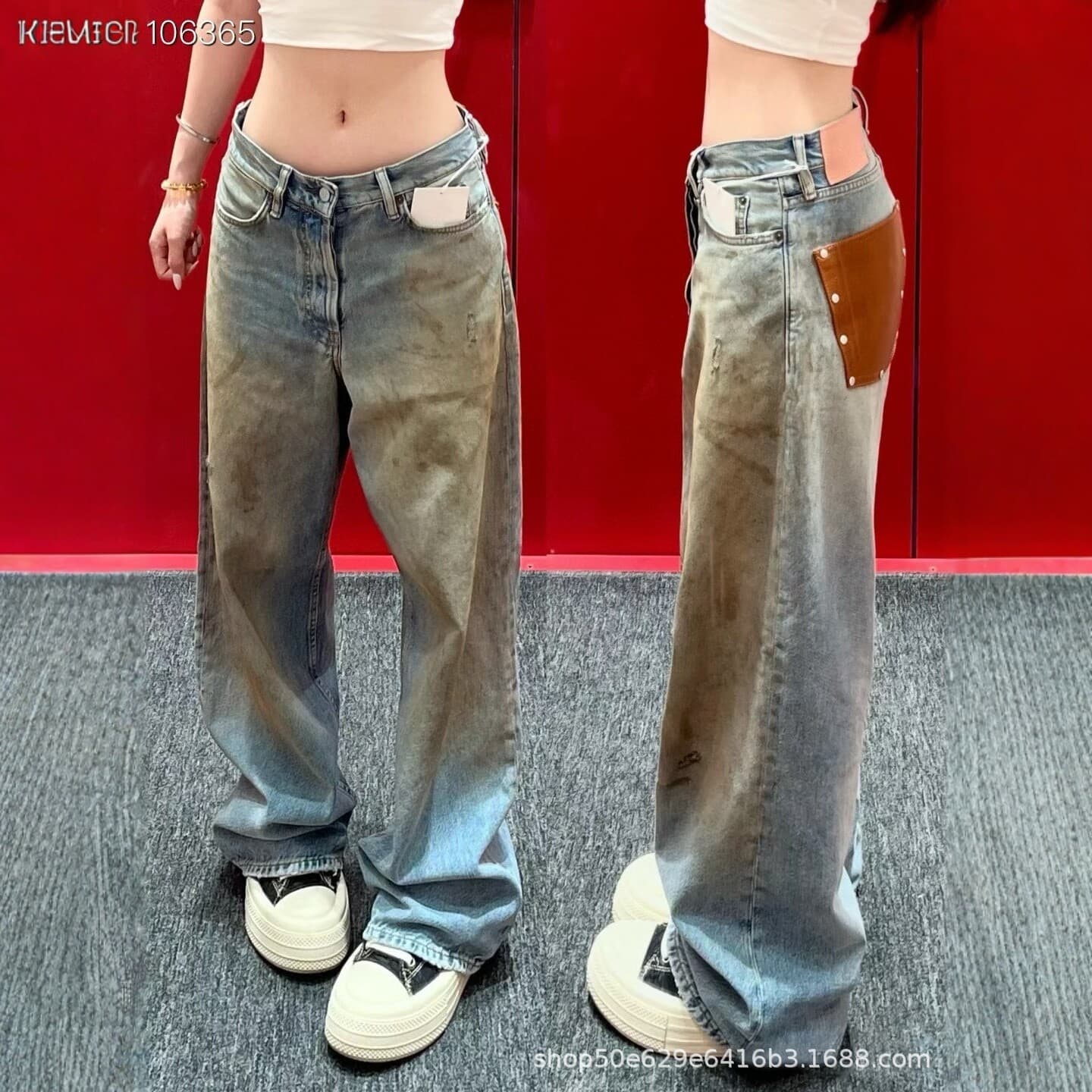 2025 New Niche AC Designer Distressed Faux Leather Back Pocket Patch Jeans for Women American Style Slim Fit