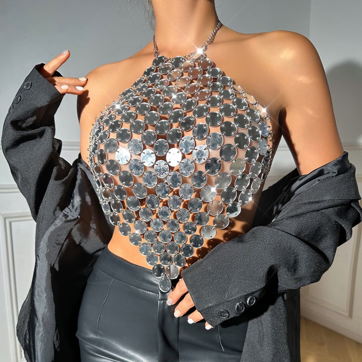 2023 Amazon EU Nightclub Sexy Luxury Handmade Acrylic Halter Neck Tank Top L21380 Nylon Material Backless Decoration China Origin