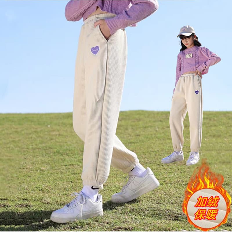 2024 New Girls' Pants Autumn Winter Fleece-Lined Thick Sweatpants Mid-Child Fashion Corduroy Casual Sportswear Trendy