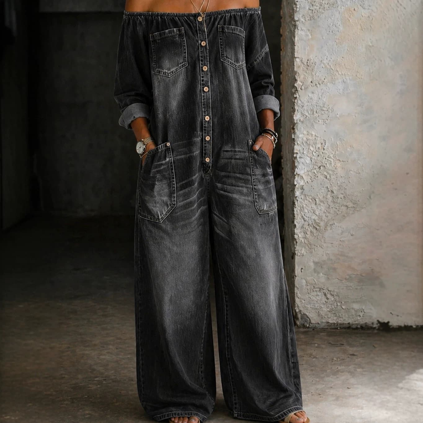 European and American cross-border hot-selling jumpsuits American retro distressed one-shoulder hot girl workwear wide-leg denim jumpsuits for women